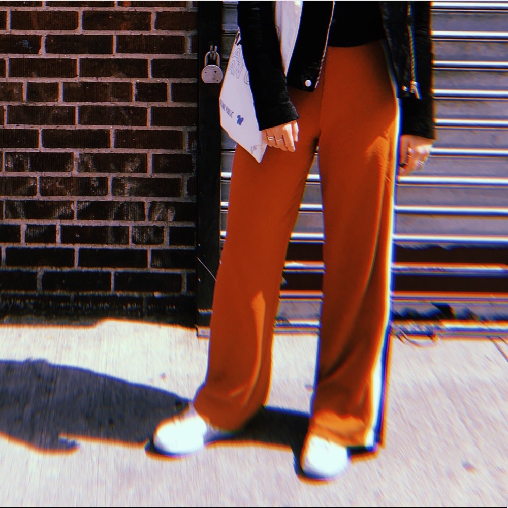 Rust orange wide leg pants with stripe - Zara